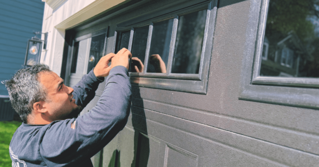 A technician repairing a black garage door window.